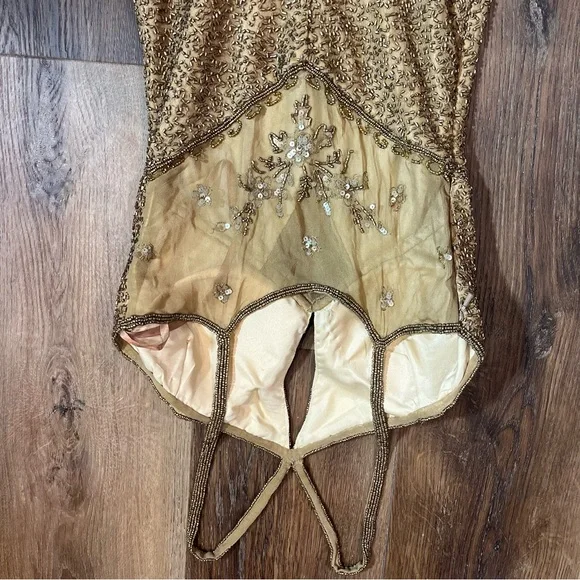 Vintage 100% Silk Beaded Dress Gold Beaded Dress Train Sheer Silk Fairy Prom - Picture 4 of 17